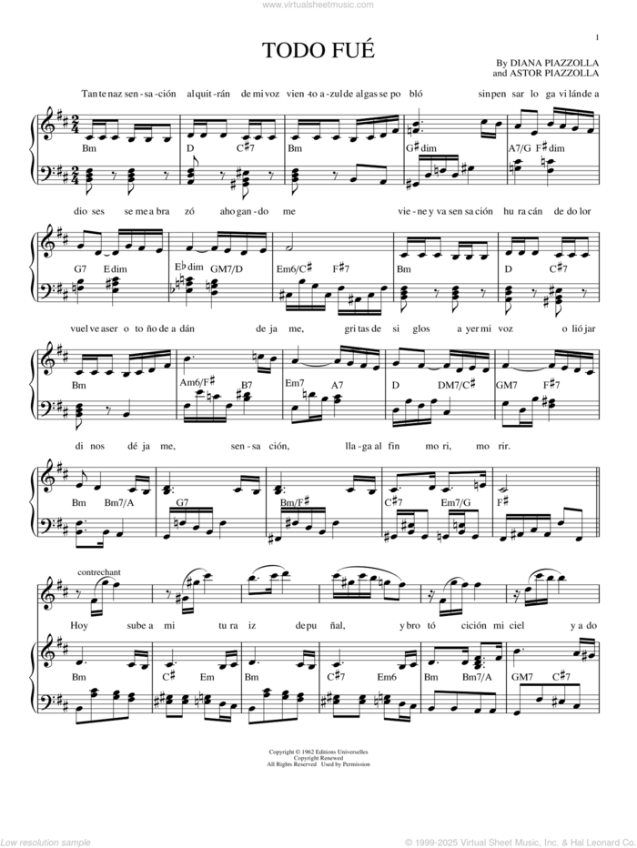 Todo Fue sheet music for piano solo by Astor Piazzolla and Diana Piazzolla, intermediate skill level