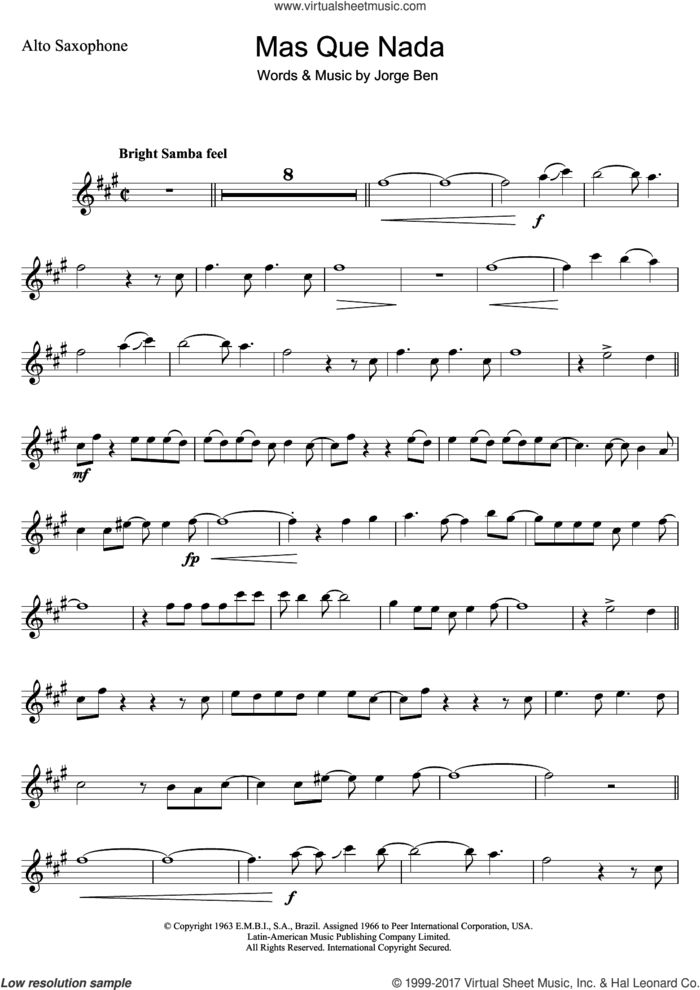 Mas Que Nada (Say No More) sheet music for alto saxophone solo by Jorge Ben, intermediate skill level