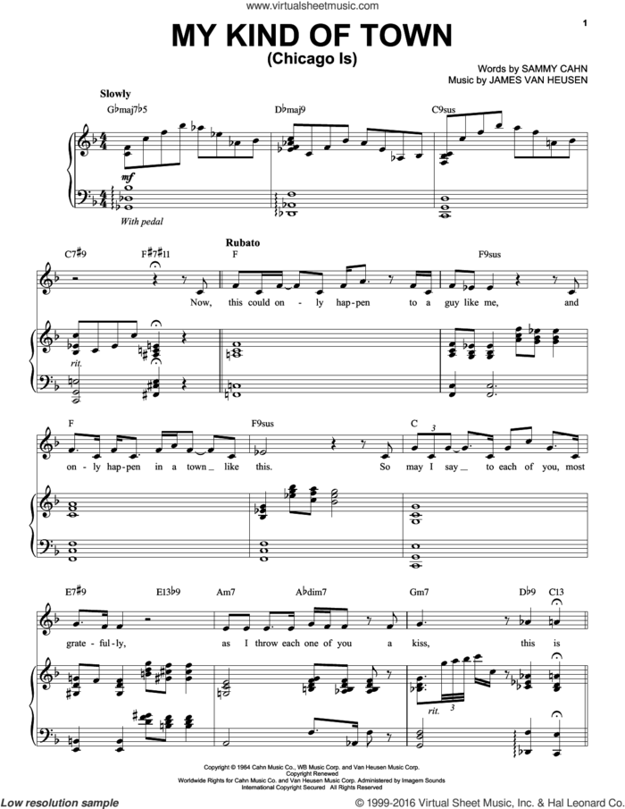 My Kind Of Town (Chicago Is) sheet music for voice and piano by Frank Sinatra, Jimmy van Heusen and Sammy Cahn, intermediate skill level