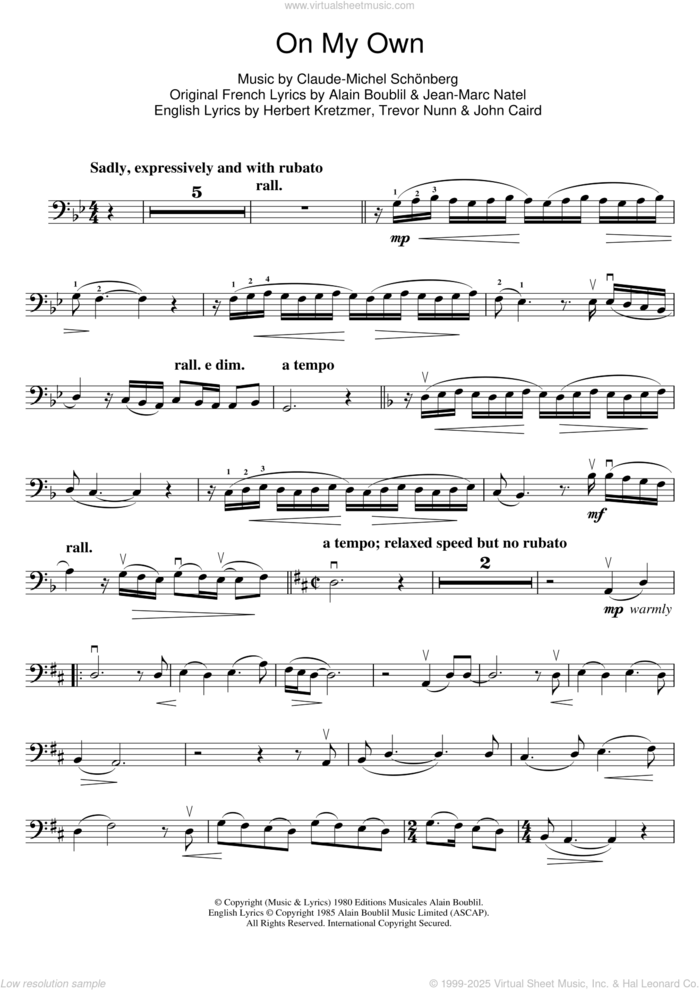 On My Own (from Les Miserables) sheet music for cello solo by Boublil and Schonberg, Alain Boublil, Claude-Michel Schonberg, Herbert Kretzmer, Jean-Marc Natel, John Caird and Trevor Nunn, intermediate skill level