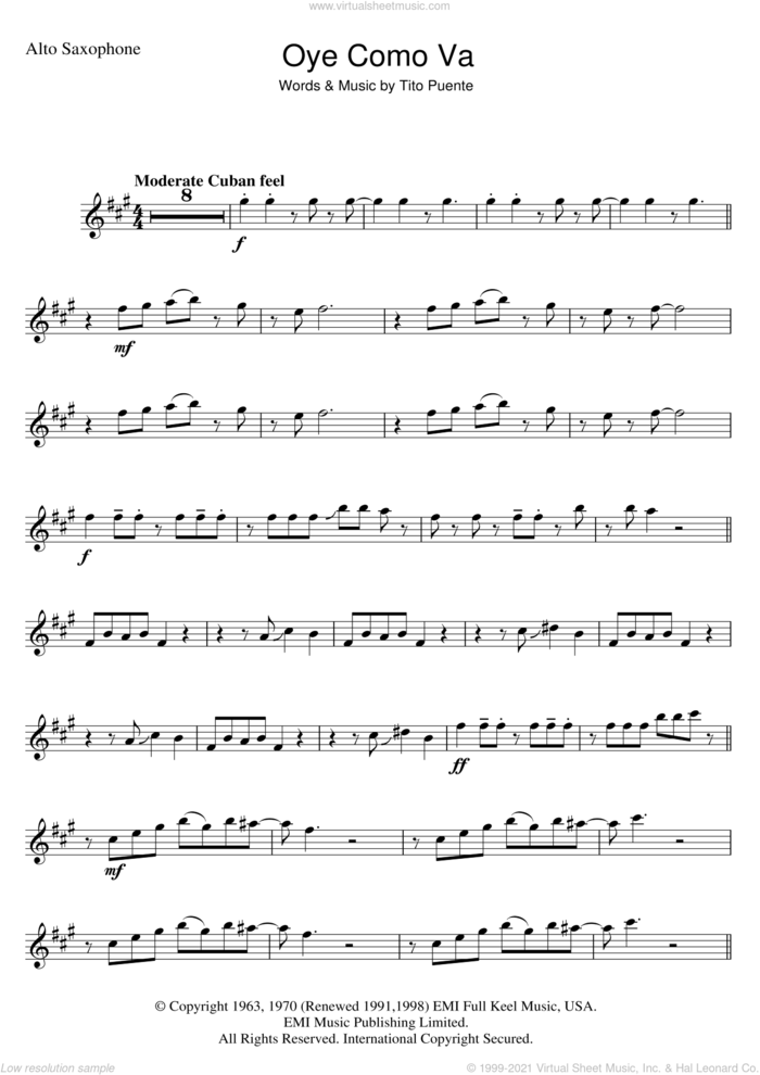Oye Como Va sheet music for alto saxophone solo by Tito Puente and Carlos Santana, intermediate skill level