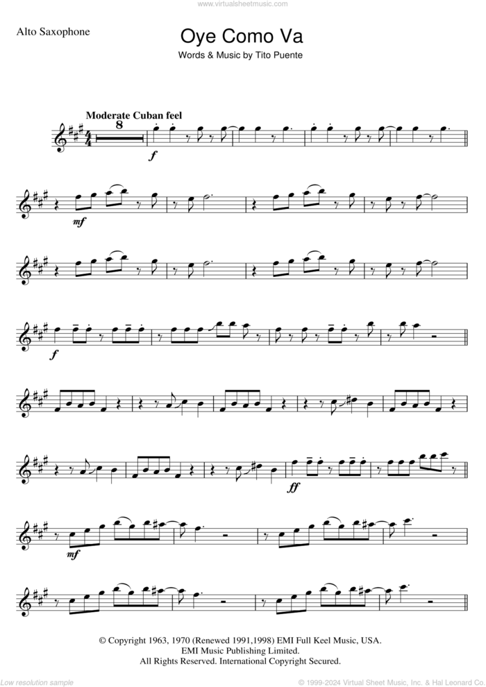 Oye Como Va sheet music for alto saxophone solo by Tito Puente and Carlos Santana, intermediate skill level