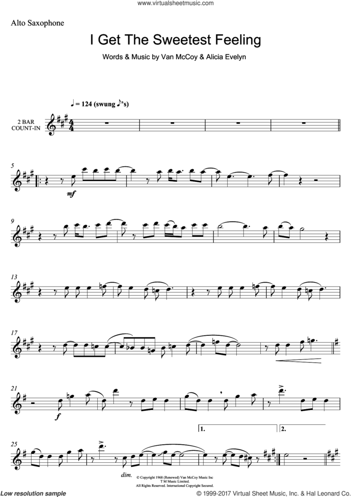 I Get The Sweetest Feeling sheet music for alto saxophone solo by Jackie Wilson, Alicia Evelyn and Van McCoy, intermediate skill level