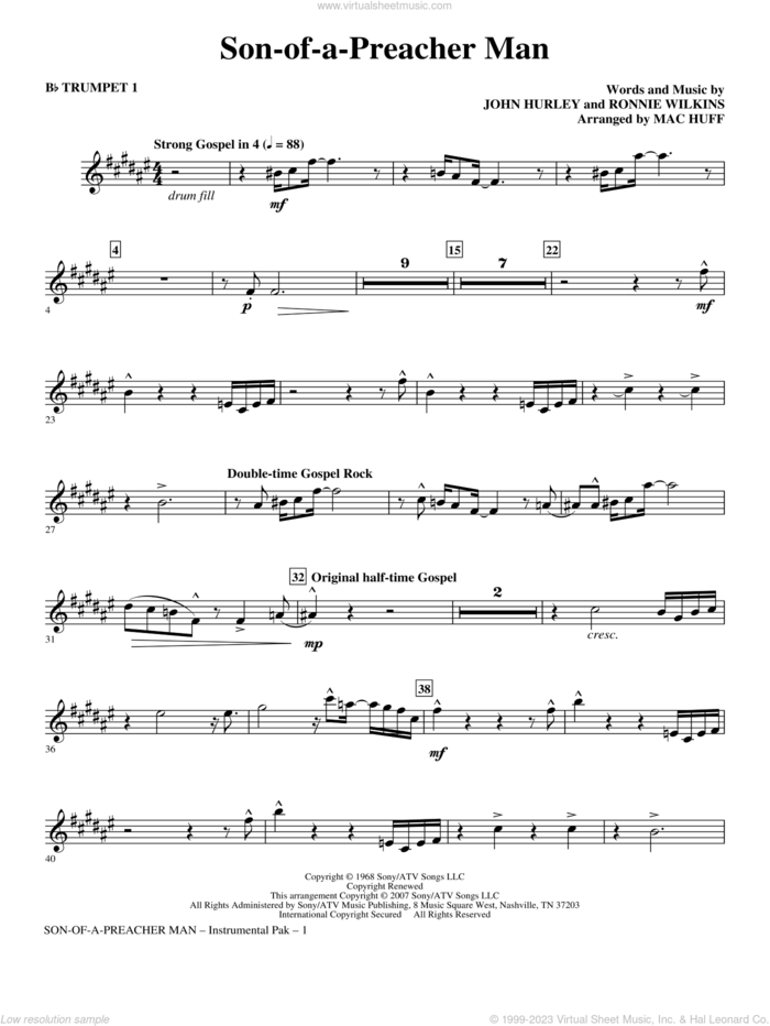 Son-of-a-Preacher Man sheet music for orchestra/band (Bb trumpet 1) by Mac Huff, Dusty Springfield, John Hurley and Ronnie Wilkins, intermediate skill level
