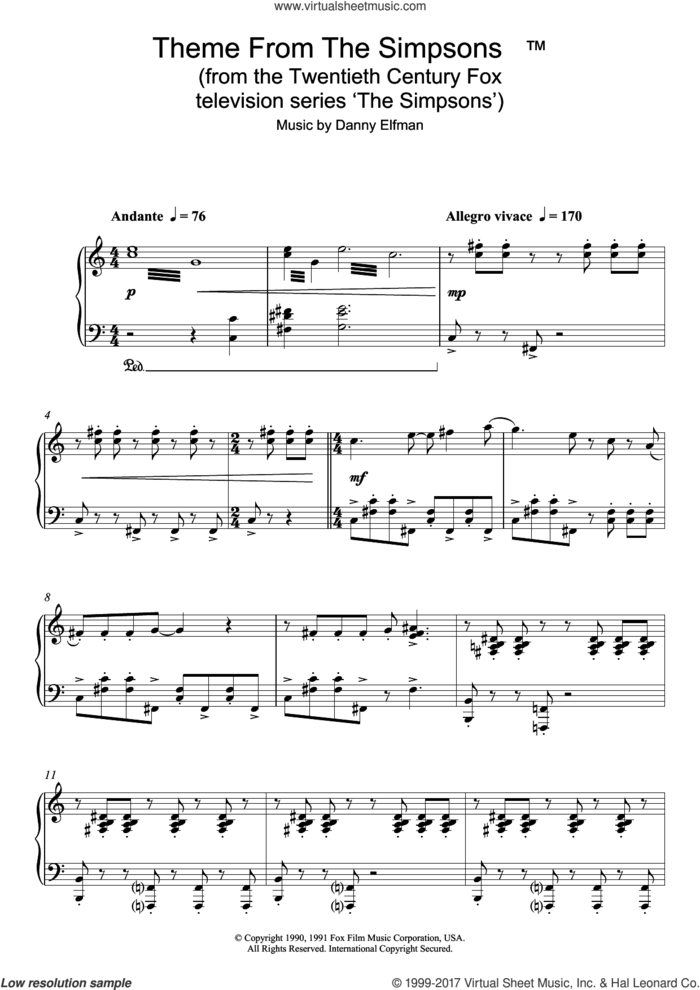 Theme From The Simpsons sheet music for piano solo by Danny Elfman, intermediate skill level