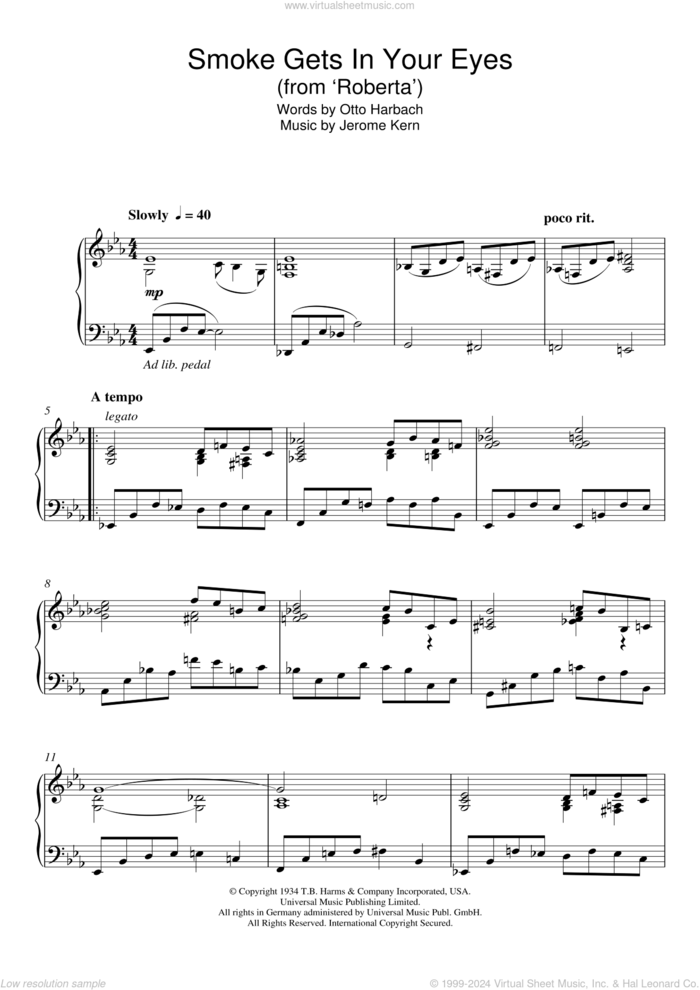 Smoke Gets In Your Eyes (from Roberta) sheet music for piano solo by The Platters, Jerome Kern and Otto Harbach, intermediate skill level