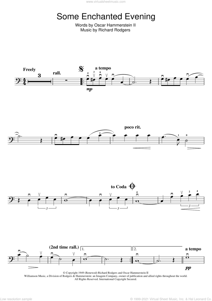 Some Enchanted Evening (from South Pacific) sheet music for cello solo by Rodgers & Hammerstein, Oscar II Hammerstein and Richard Rodgers, intermediate skill level