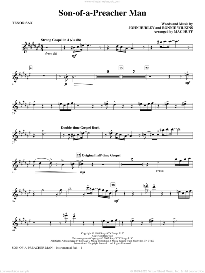 Son-of-a-Preacher Man sheet music for orchestra/band (tenor sax) by Mac Huff, Dusty Springfield, John Hurley and Ronnie Wilkins, intermediate skill level