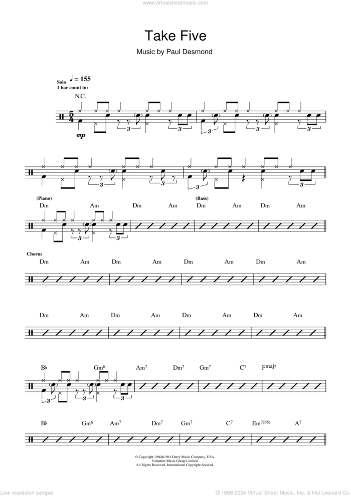 Take Five sheet music for drums (percussions) by Dave Brubeck and Paul Desmond, intermediate skill level