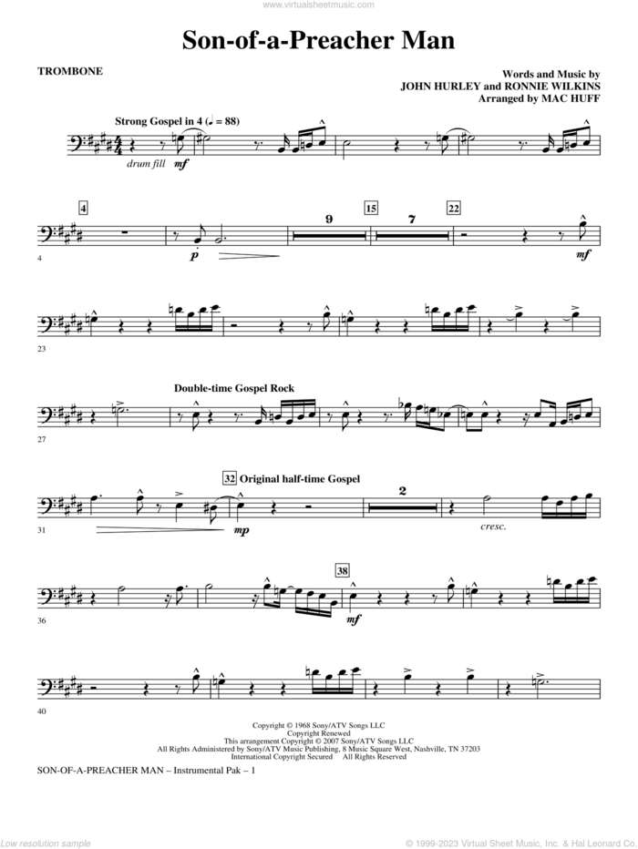 Son-of-a-Preacher Man sheet music for orchestra/band (trombone) by Mac Huff, Dusty Springfield, John Hurley and Ronnie Wilkins, intermediate skill level