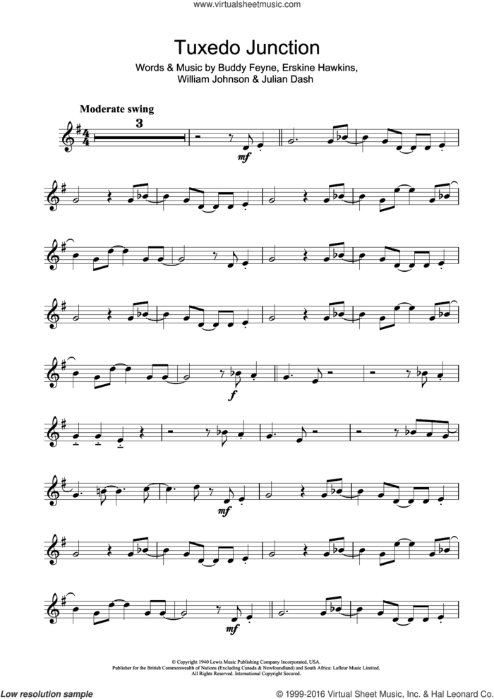 Tuxedo Junction sheet music for alto saxophone solo by Glenn Miller, Buddy Feyne, Erskine Hawkins, Julian Dash and William Johnson, intermediate skill level