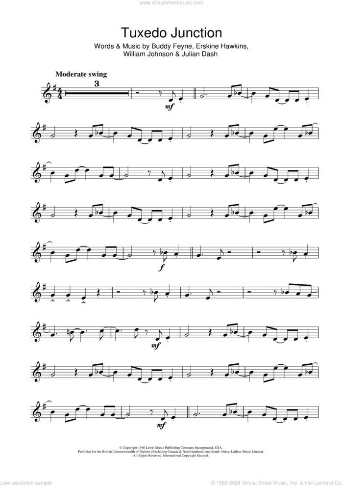 Tuxedo Junction sheet music for alto saxophone solo by Glenn Miller, Buddy Feyne, Erskine Hawkins, Julian Dash and William Johnson, intermediate skill level