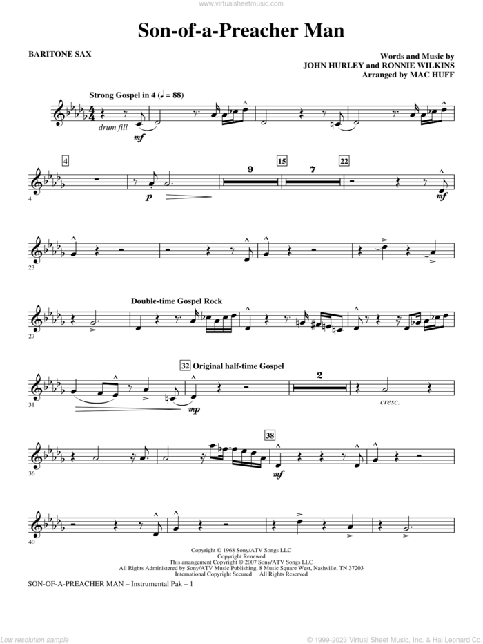 Son-of-a-Preacher Man sheet music for orchestra/band (baritone sax) by Mac Huff, Dusty Springfield, John Hurley and Ronnie Wilkins, intermediate skill level