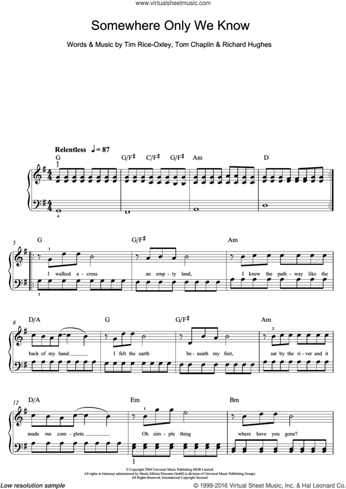 Somewhere Only We Know sheet music for piano solo (beginners) by Tim Rice-Oxley, Richard Hughes and Tom Chaplin, beginner piano (beginners)