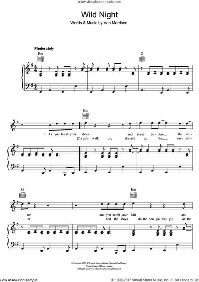 Wild Night sheet music for voice, piano or guitar by Van Morrison, intermediate skill level