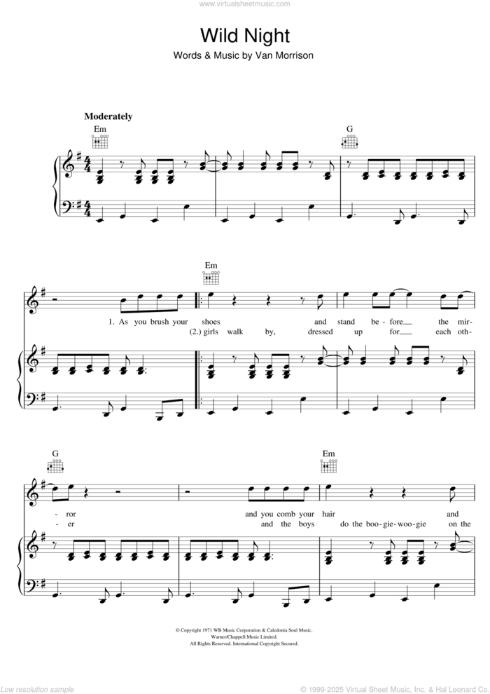 Wild Night sheet music for voice, piano or guitar by Van Morrison, intermediate skill level