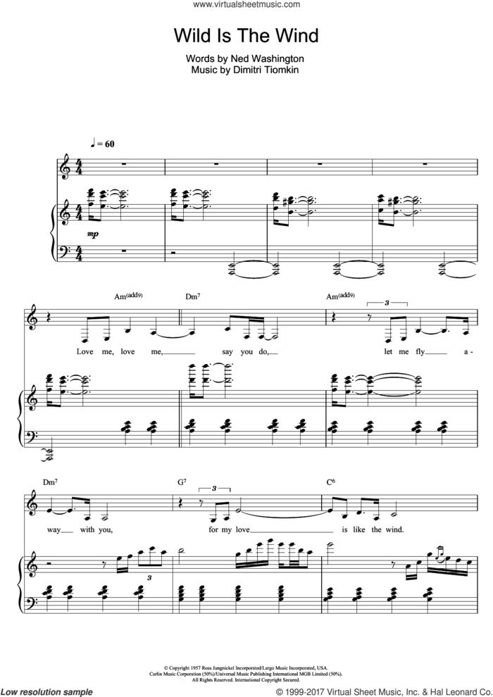 Wild Is The Wind sheet music for voice, piano or guitar by Nina Simone, David Bowie, Dimitri Tiomkin and Ned Washington, intermediate skill level
