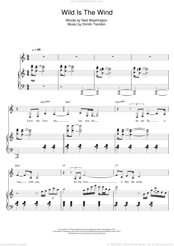 Wild Is The Wind sheet music for voice, piano or guitar by Nina Simone, David Bowie, Dimitri Tiomkin and Ned Washington, intermediate skill level