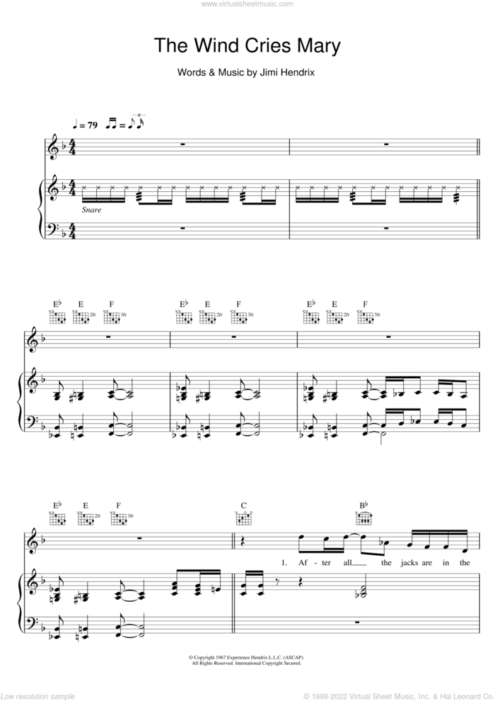 The Wind Cries Mary sheet music for voice, piano or guitar by Jamie Cullum and Jimi Hendrix, intermediate skill level