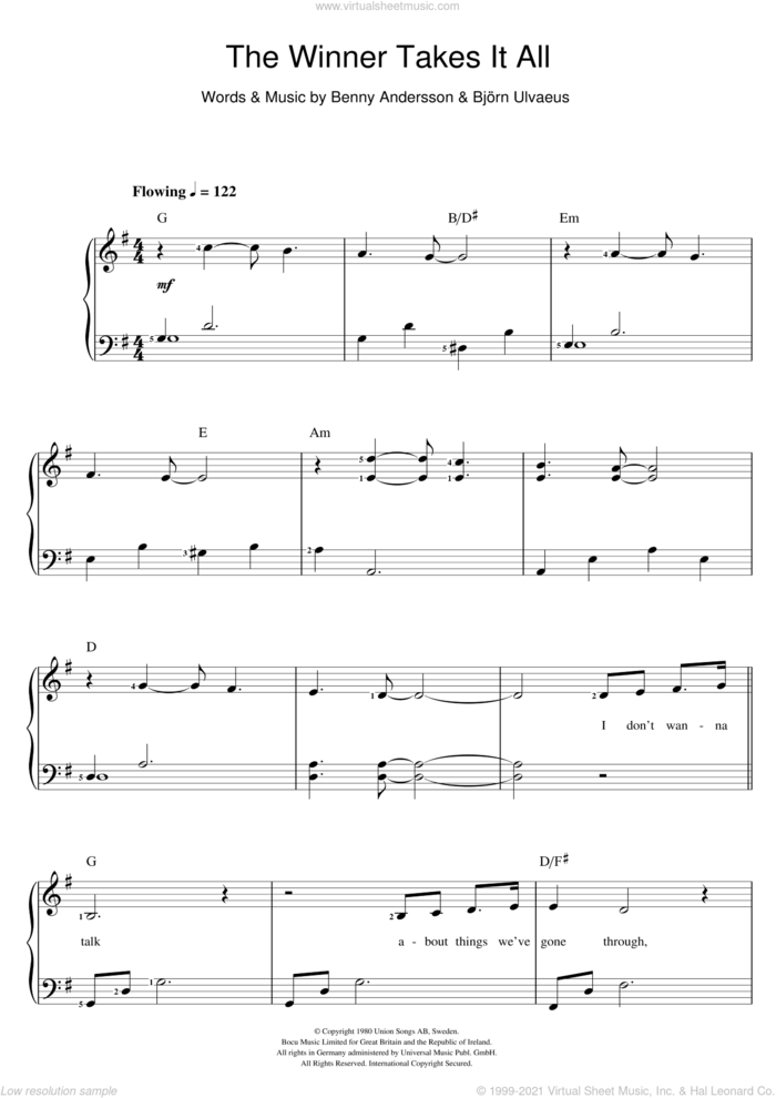 The Winner Takes It All sheet music for voice and piano by ABBA, Benny Andersson and Bjorn Ulvaeus, intermediate skill level