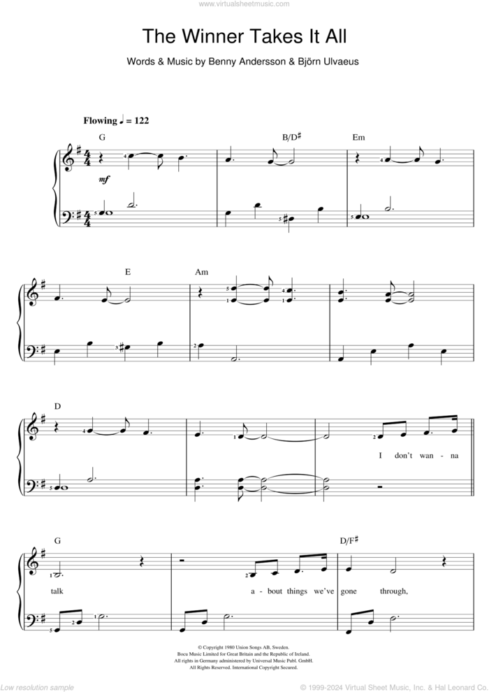 The Winner Takes It All sheet music for voice and piano by ABBA, Benny Andersson and Bjorn Ulvaeus, intermediate skill level