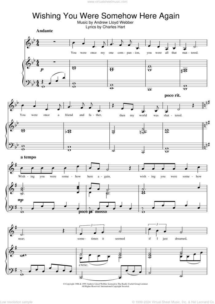 Wishing You Were Somehow Here Again (from The Phantom Of The Opera) sheet music for voice and piano by Andrew Lloyd Webber and Charles Hart, intermediate skill level