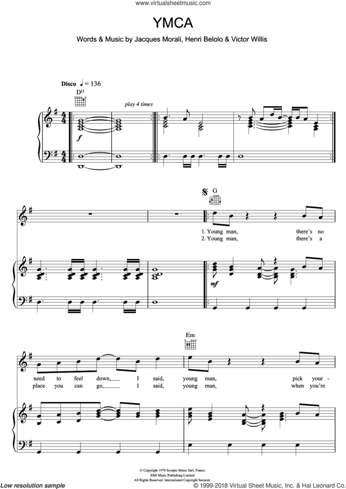 Y.M.C.A. sheet music for voice, piano or guitar by Village People, Henri Belolo, Jacques Morali and Victor Willis, intermediate skill level