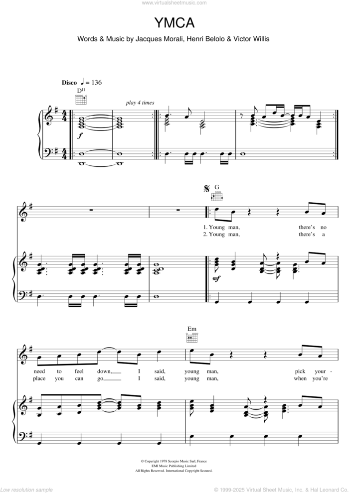 Y.M.C.A. sheet music for voice, piano or guitar by Village People, Henri Belolo, Jacques Morali and Victor Willis, intermediate skill level