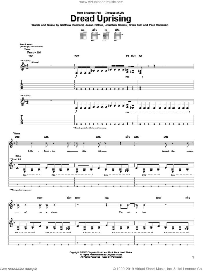 Dread Uprising sheet music for guitar (tablature) by Shadows Fall, Brian Fair, Jason Bittner, Jonathan Donais, Matthew Bachand and Paul Romanko, intermediate skill level
