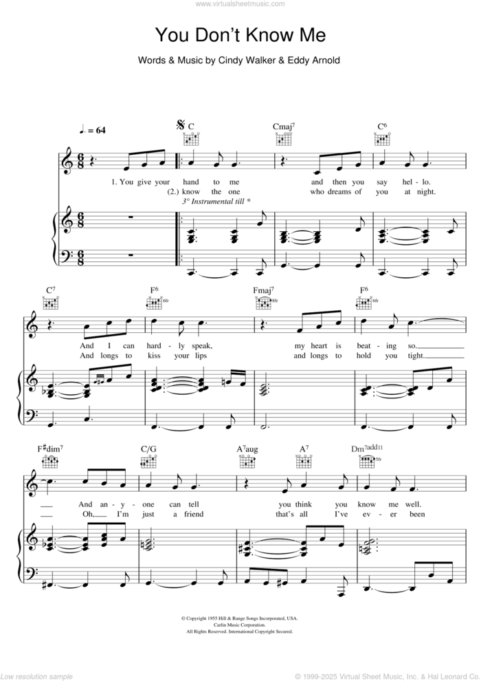 You Don't Know Me sheet music for voice, piano or guitar by Michael Buble, Ray Charles, Cindy Walker and Eddy Arnold, intermediate skill level