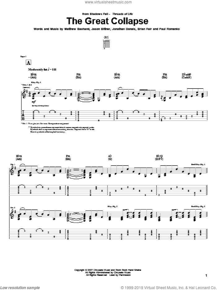 The Great Collapse sheet music for guitar (tablature) by Shadows Fall, Brian Fair, Jason Bittner, Jonathan Donais, Matthew Bachand and Paul Romanko, intermediate skill level
