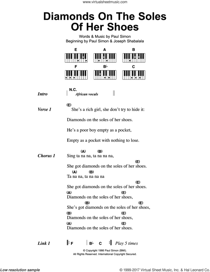 Diamonds On The Soles Of Her Shoes sheet music for piano solo (chords, lyrics, melody) by Paul Simon, intermediate piano (chords, lyrics, melody)