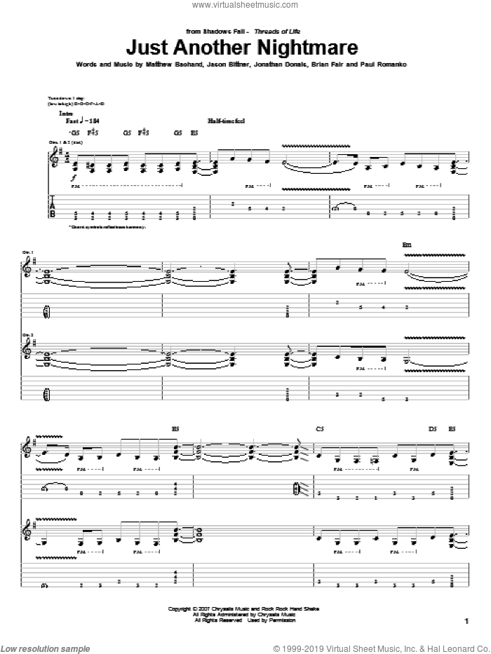 Just Another Nightmare sheet music for guitar (tablature) by Shadows Fall, Brian Fair, Jason Bittner, Jonathan Donais, Matthew Bachand and Paul Romanko, intermediate skill level