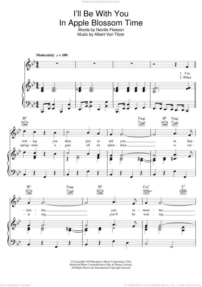 I'll Be With You In Apple Blossom Time sheet music for voice, piano or guitar by The Andrews Sisters, Albert von Tilzer and Neville Fleeson, intermediate skill level