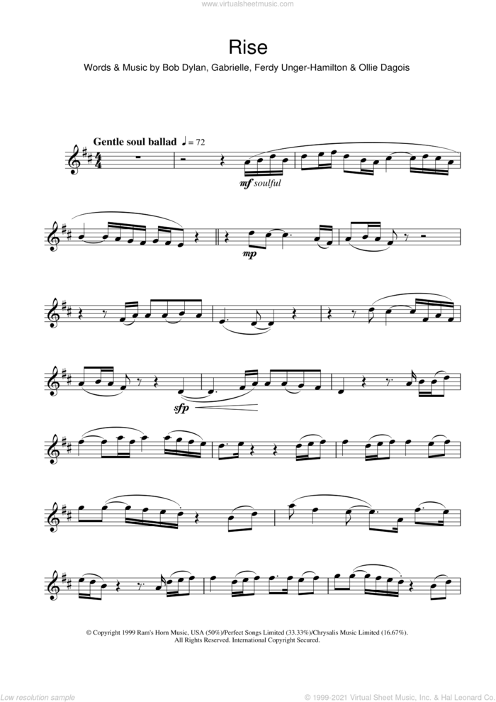 Rise sheet music for alto saxophone solo by Gabrielle, Bob Dylan, Ferdy Unger-Hamilton and Ollie Dagois, intermediate skill level