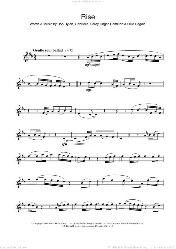 Rise sheet music for alto saxophone solo by Gabrielle, Bob Dylan, Ferdy Unger-Hamilton and Ollie Dagois, intermediate skill level