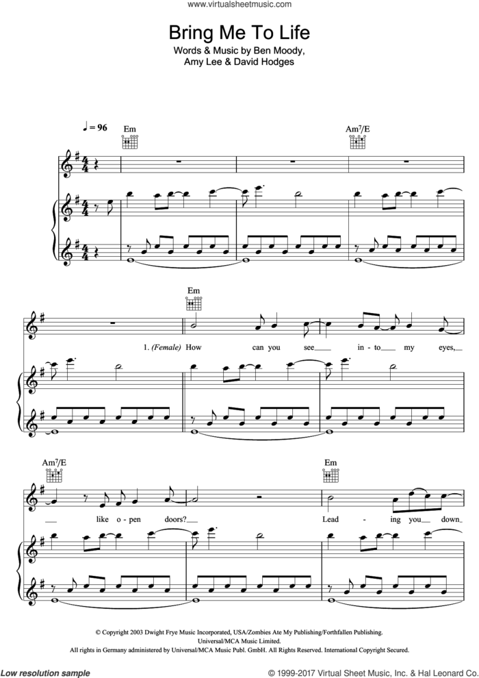 Bring Me To Life sheet music for voice, piano or guitar by Evanescence, Amy Lee, Ben Moody and David Hodges, intermediate skill level