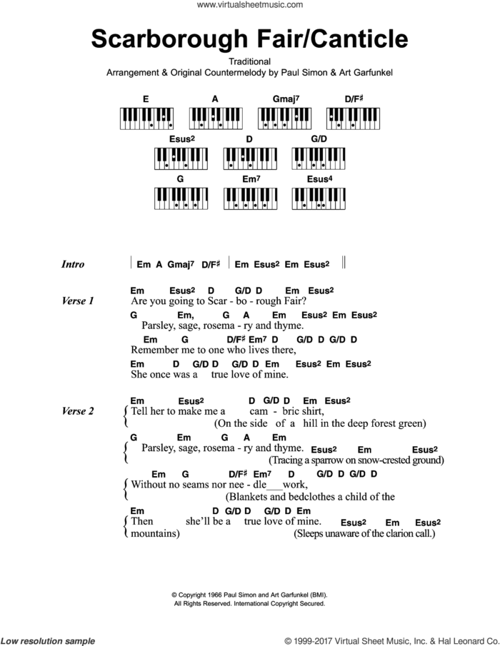 Scarborough Fair/Canticle sheet music for piano solo (chords, lyrics, melody) by Simon & Garfunkel and Miscellaneous, intermediate piano (chords, lyrics, melody)