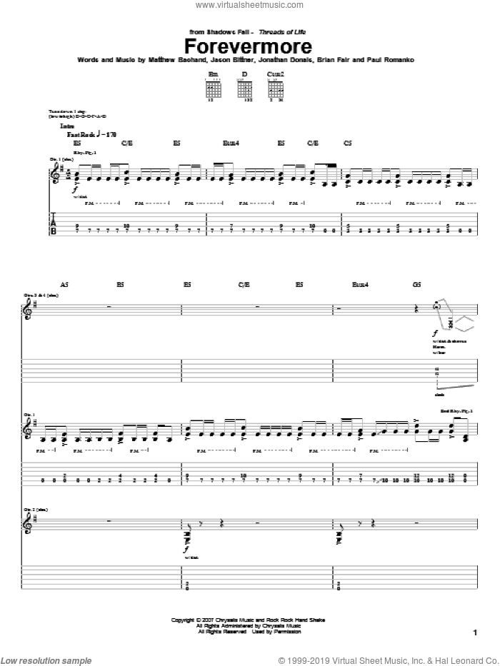 Forevermore sheet music for guitar (tablature) by Shadows Fall, Brian Fair, Jason Bittner, Jonathan Donais, Matthew Bachand and Paul Romanko, intermediate skill level