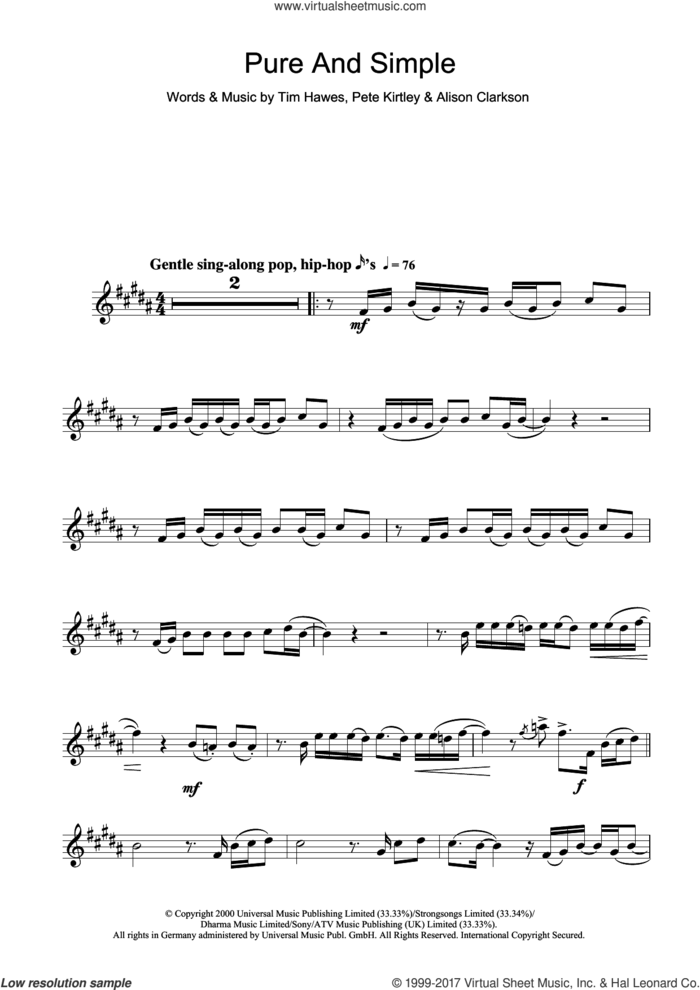 Pure And Simple sheet music for alto saxophone solo by Hear'Say, Alison Clarkson, Pete Kirtley and Tim Hawes, intermediate skill level