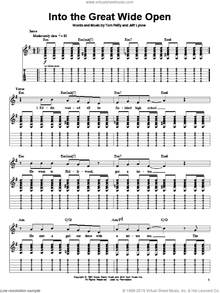 Into The Great Wide Open sheet music for guitar (tablature, play-along) by Tom Petty And The Heartbreakers, Jeff Lynne and Tom Petty, intermediate skill level