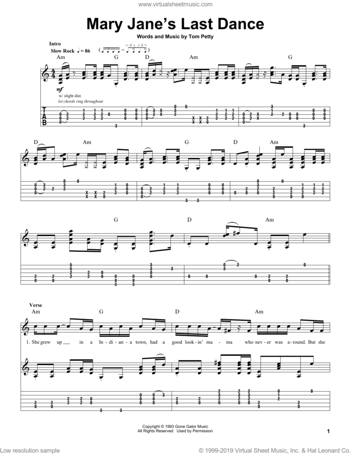 Mary Jane's Last Dance sheet music for guitar (tablature, play-along) by Tom Petty And The Heartbreakers and Tom Petty, intermediate skill level