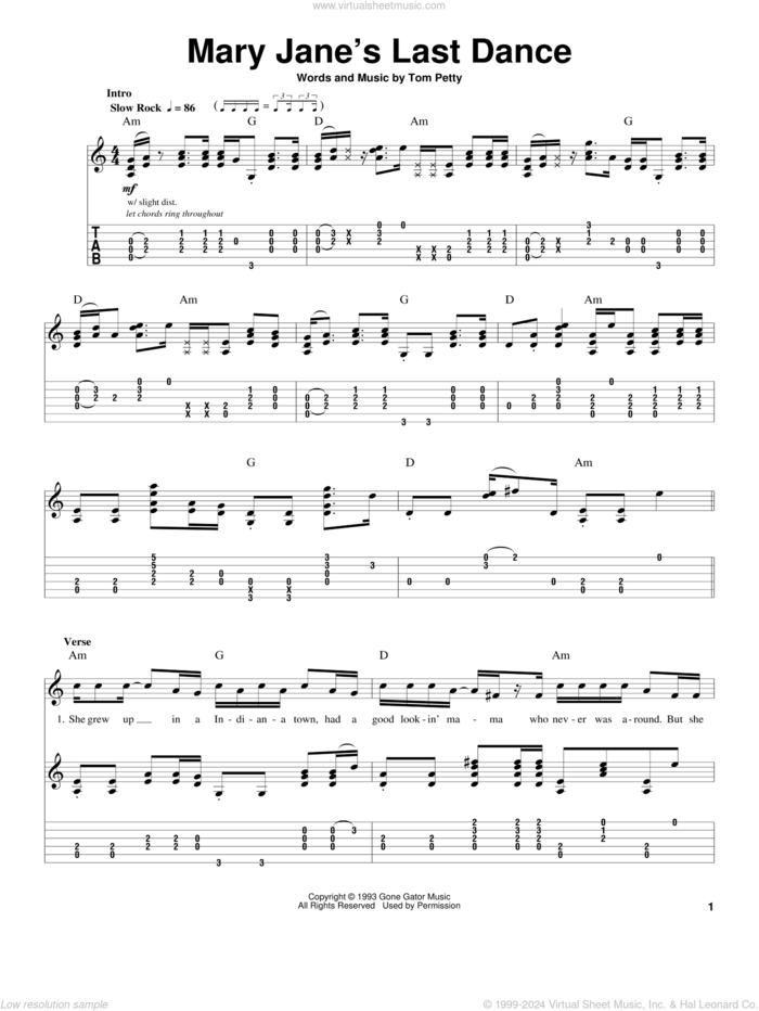 Mary Jane's Last Dance sheet music for guitar (tablature, play-along) by Tom Petty And The Heartbreakers and Tom Petty, intermediate skill level