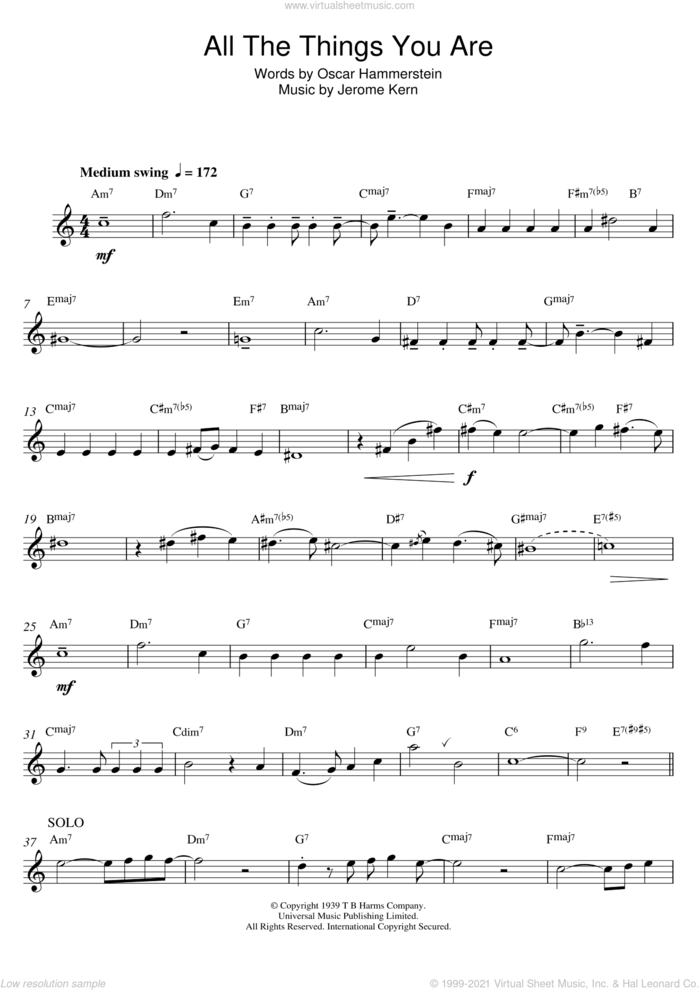 All The Things You Are sheet music for alto saxophone solo by Jerome Kern and Oscar II Hammerstein, intermediate skill level