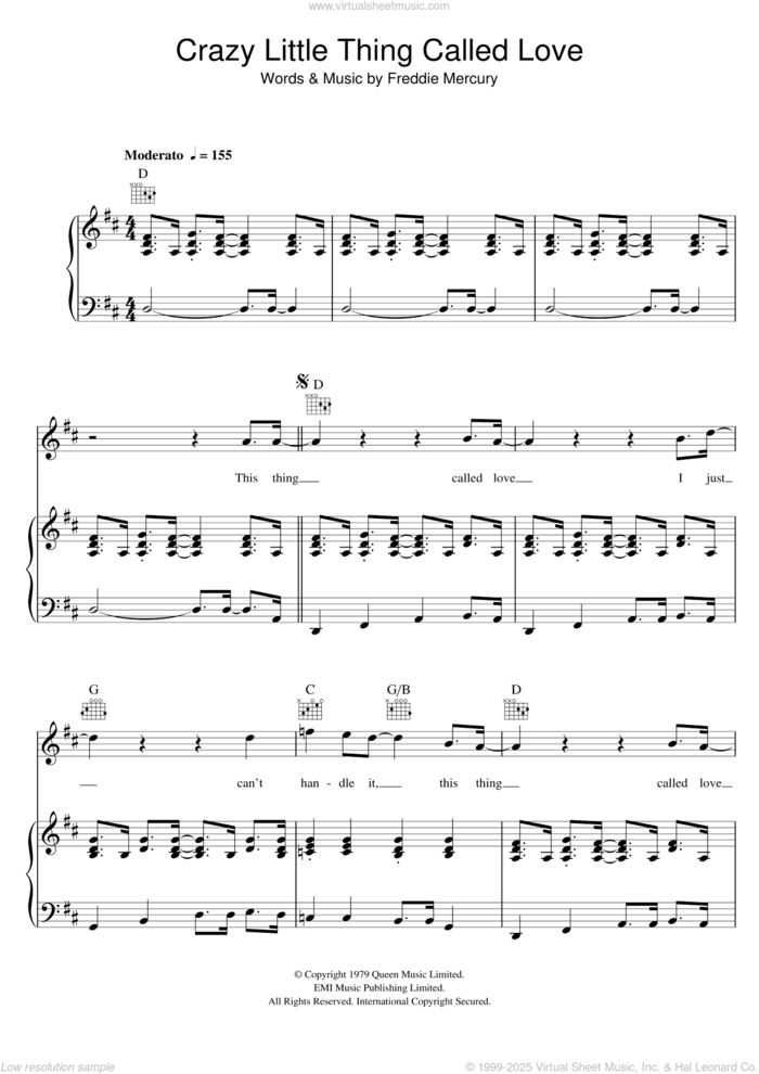 Crazy Little Thing Called Love sheet music for voice, piano or guitar by Queen and Freddie Mercury, intermediate skill level