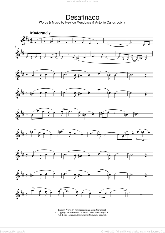 Desafinado (Slightly Out Of Tune) sheet music for alto saxophone solo by Antonio Carlos Jobim, Jessie Cavanaugh, Jon Hendricks and Newton Mendonca, intermediate skill level