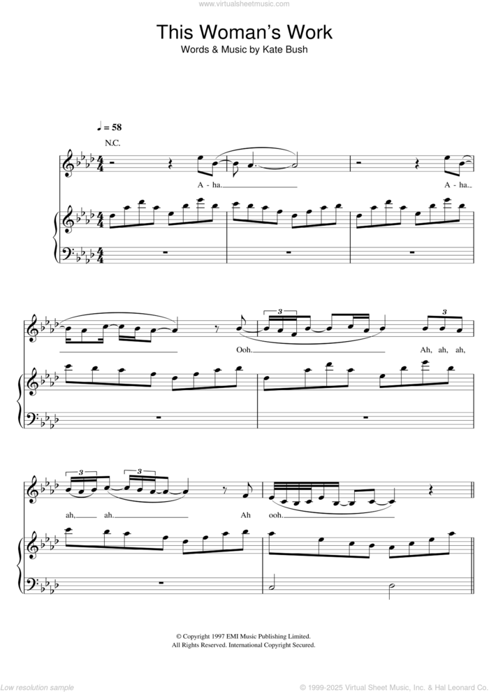 This Woman's Work sheet music for voice, piano or guitar by Kate Bush, intermediate skill level