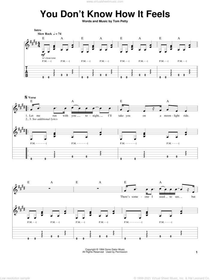 You Don't Know How It Feels sheet music for guitar (tablature, play-along) by Tom Petty, intermediate skill level