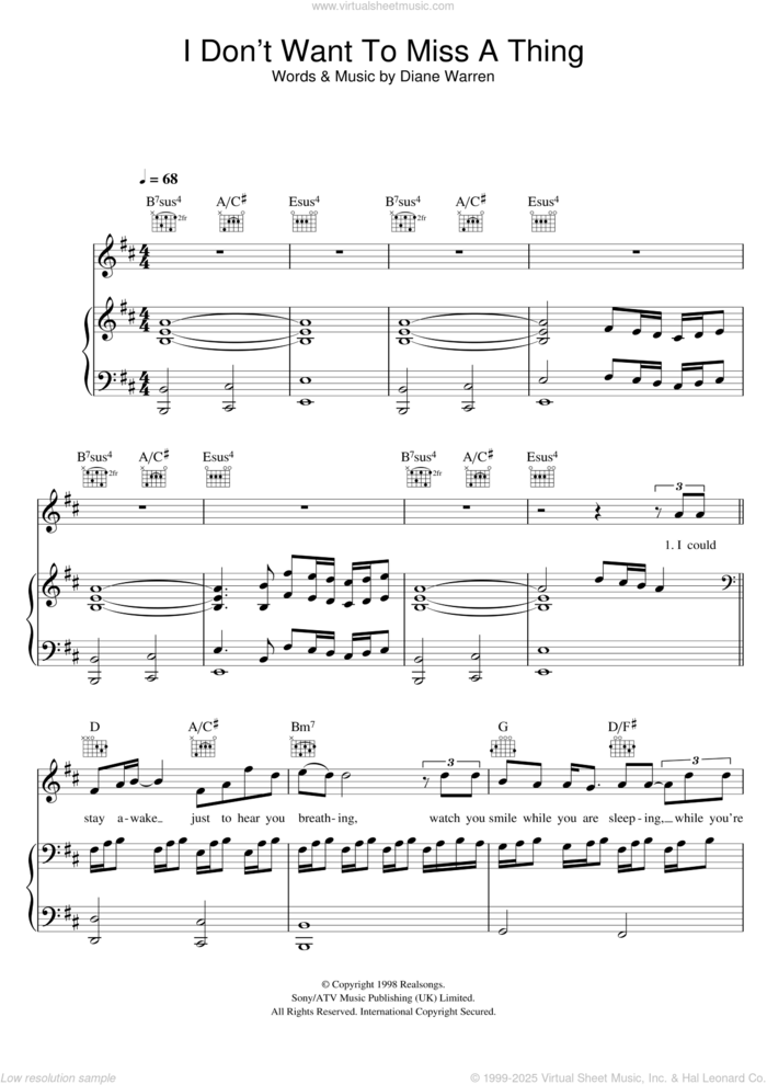 I Don't Want To Miss A Thing sheet music for voice, piano or guitar by Aerosmith and Diane Warren, intermediate skill level