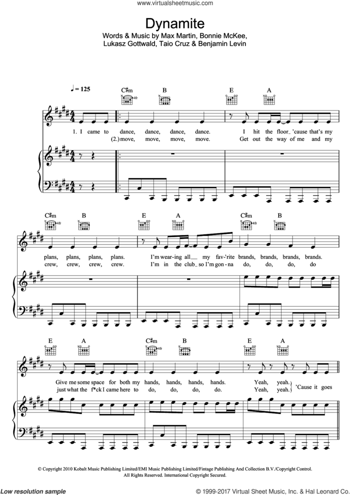 Dynamite sheet music for voice, piano or guitar by Taio Cruz, Benjamin Levin, Bonnie McKee, Lukasz Gottwald and Max Martin, intermediate skill level